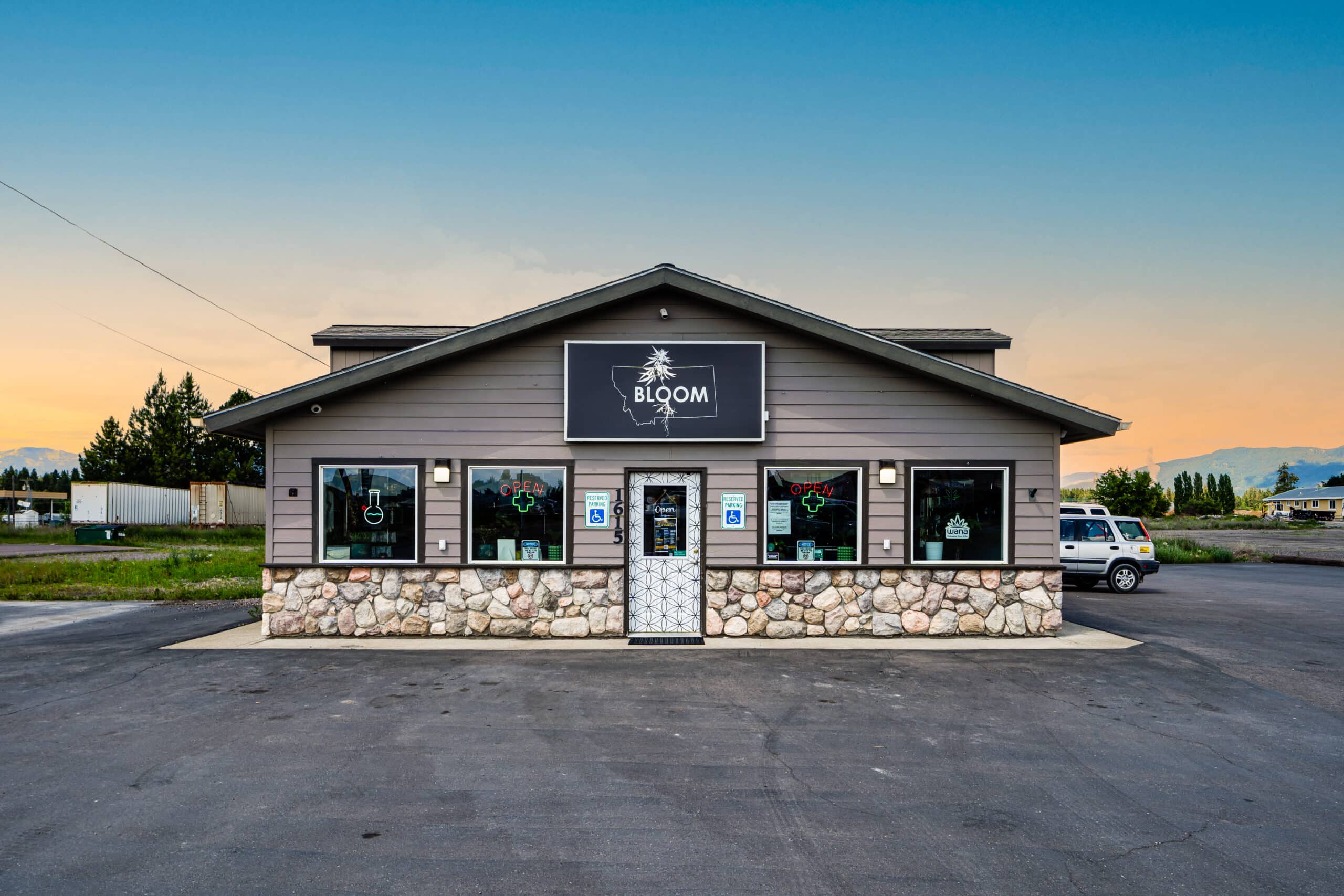 The exterior of Bloom Dispensary in Columbia Falls