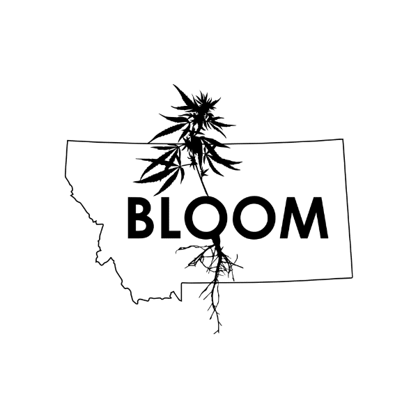 Bloom Montana Cannabis Dispensary logo - which is an outline of the state of MT with Bloom in the middle with a marijuana plant