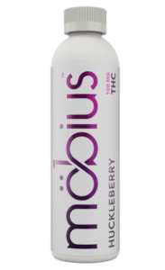 Mobius THC Drink in a white bottle with purple letters. Huckleberry flavor. 