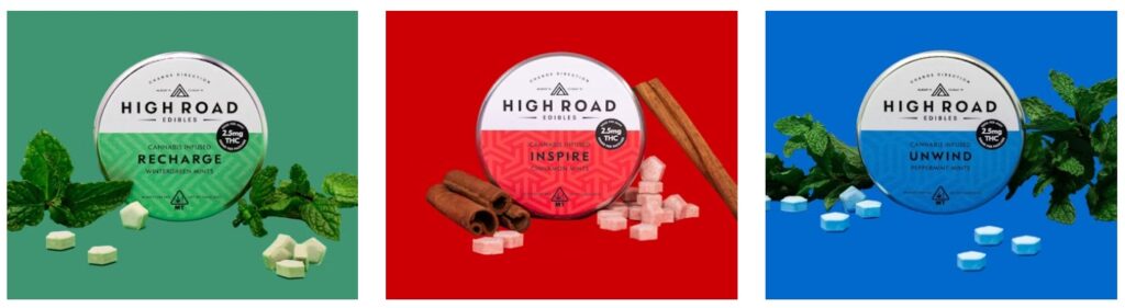 High Road Edibles THC mints packages